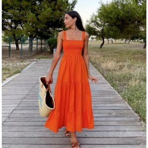 Zara Smocked Tiered Flowy Maxi Dress Orange Small